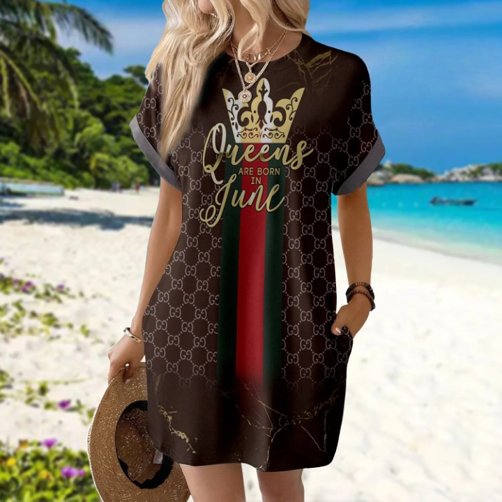 Gucci Queen Pattern Luxury Brand Premium Clothes Batwing Pocket Dress Special Outfit For Women