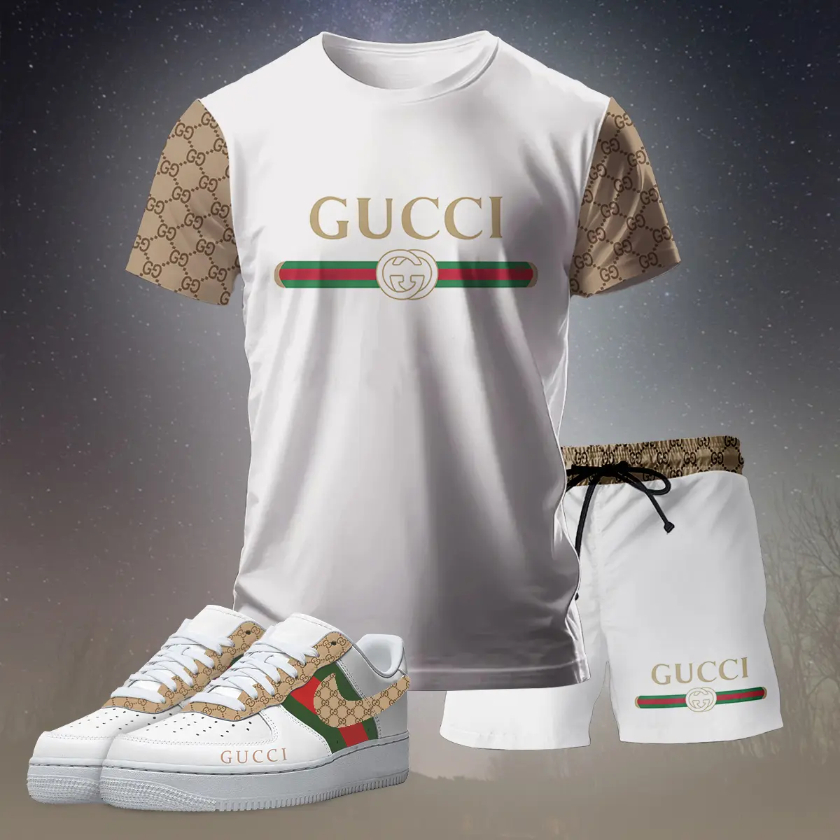 Gucci Brown White Luxury Brand Premium Unisex T-Shirt Short Sneaker Set Special Collection Fashion Style For Men Women