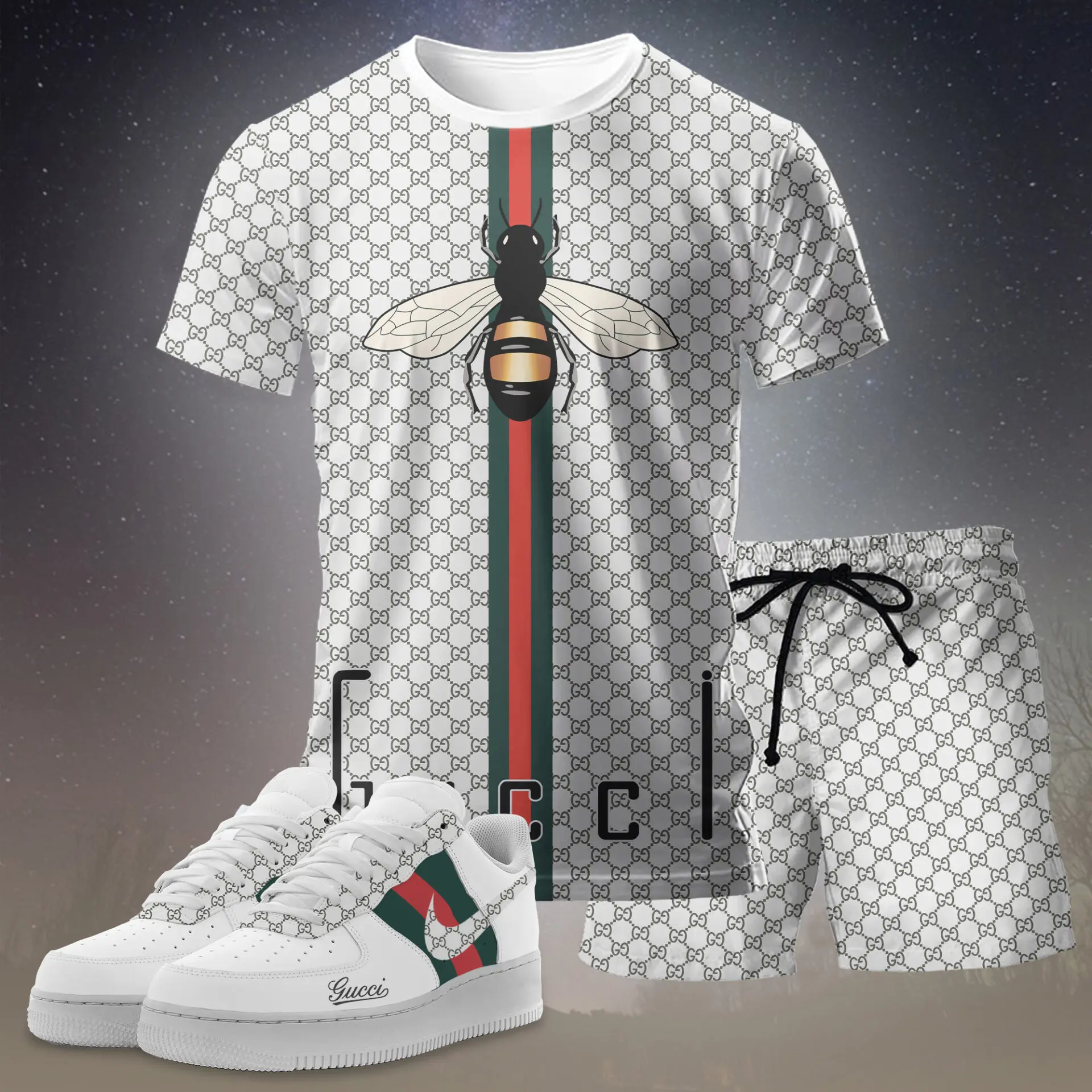 Gucci Bee White Luxury Brand Premium Unisex T-Shirt Short Sneakers Set Special Collection Fashion Style For Men Women