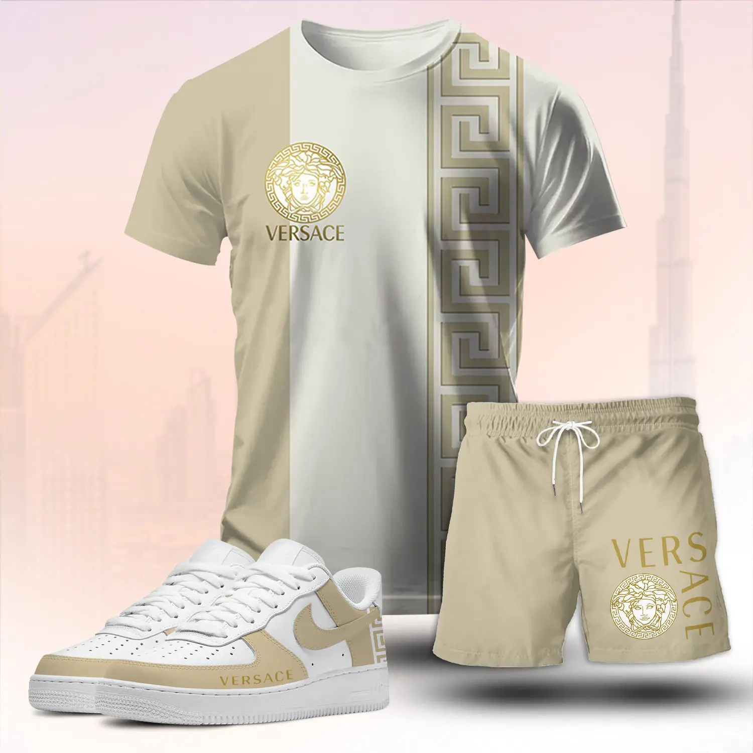 Versace Medusa Beige Luxury Brand Premium Unisex T-Shirt Short Sneakers Set Special Collection Fashion Style For Men Women