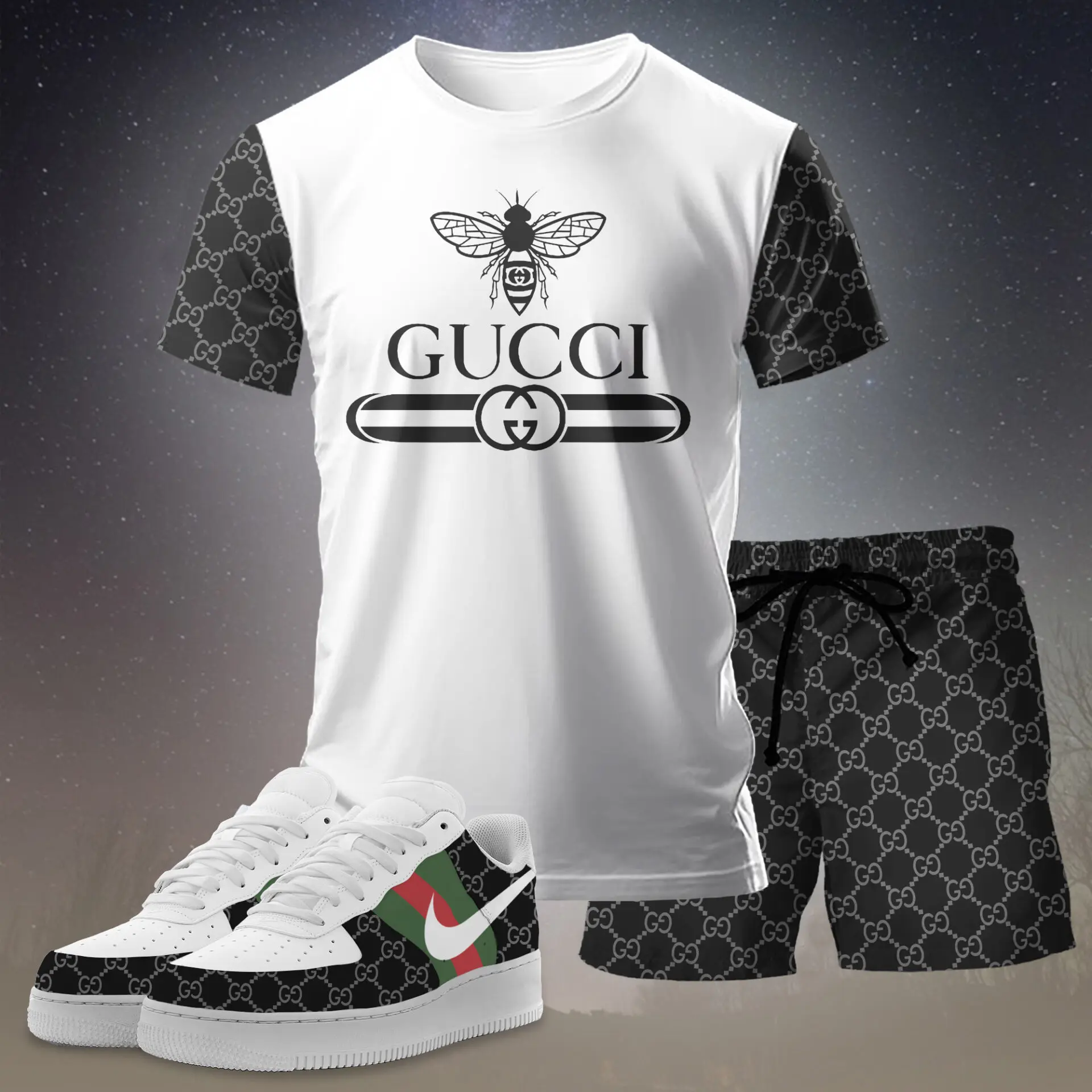 Gucci Bee Black White Luxury Brand Premium Unisex T-Shirt Short Sneakers Set Special Collection Fashion Style For Men Women