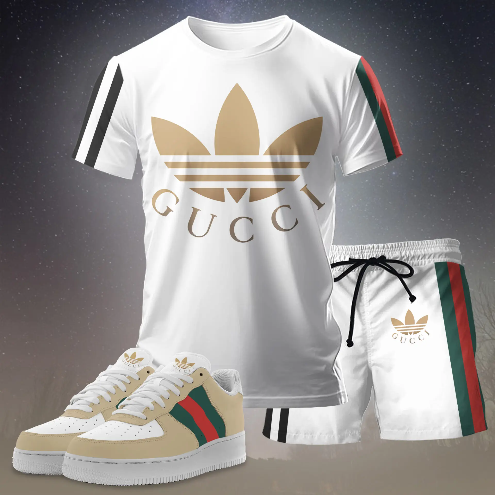 Gucci Adidas White Luxury Brand Premium Unisex T-Shirt Short Sneakers Set Special Collection Fashion Style For Men Women