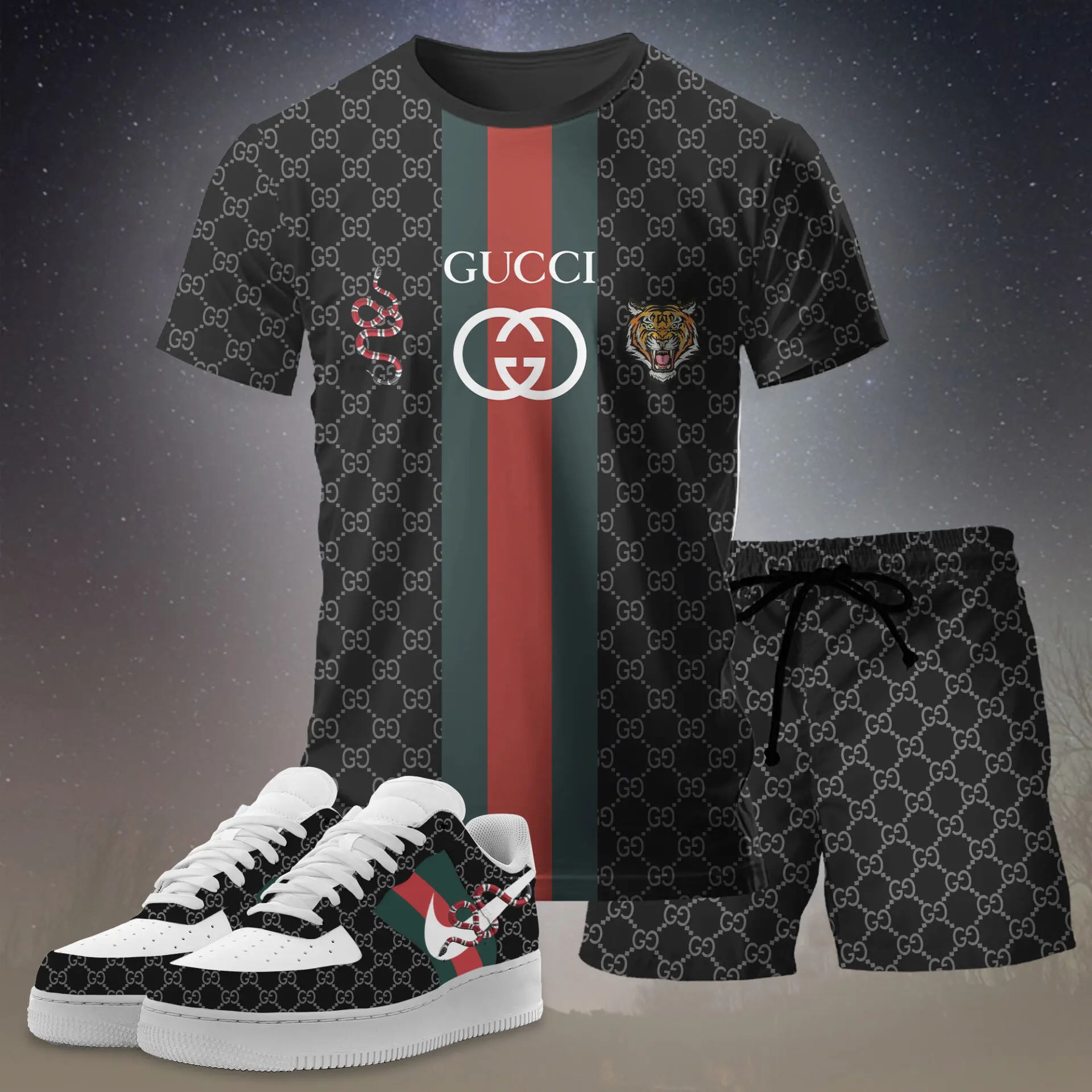Gucci Tiger Black Luxury Brand Premium Unisex T-Shirt Short Sneakers Set Special Collection Fashion Style For Men Women