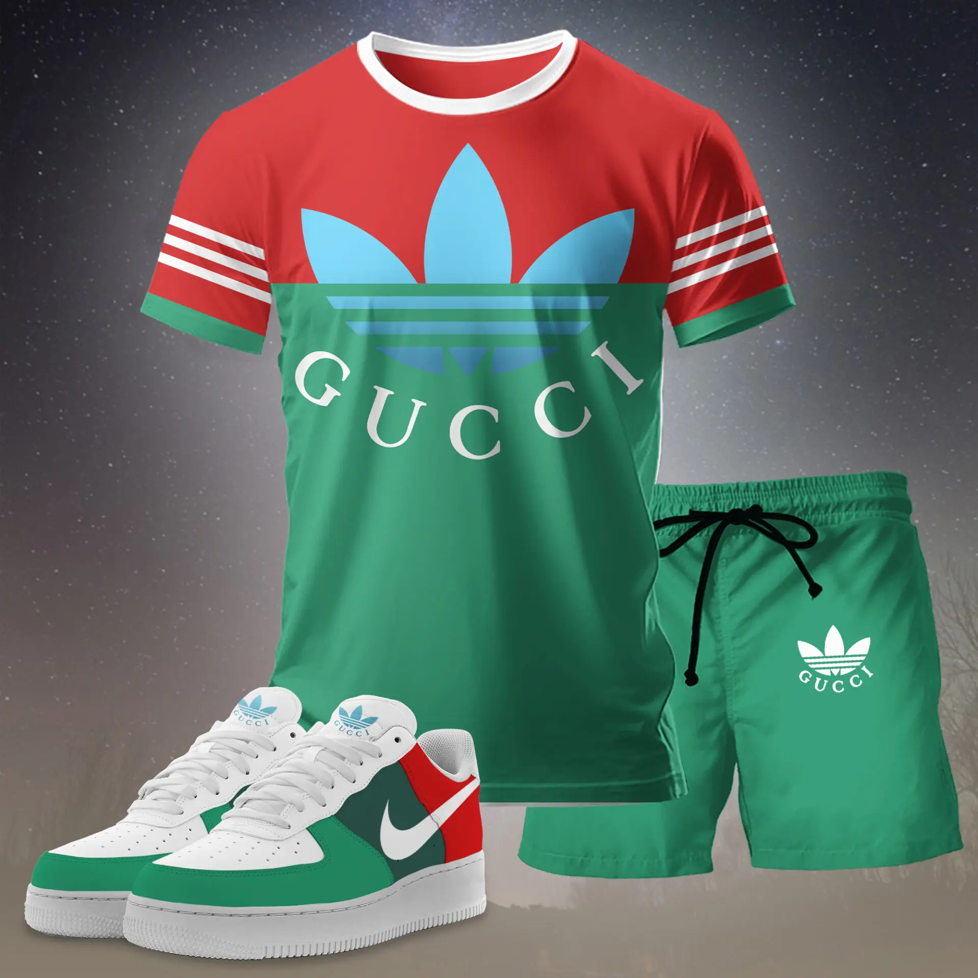 Gucci Adidas Red Green Luxury Brand Premium Unisex T-Shirt Short Sneakers Set Special Collection Fashion Style For Men Women
