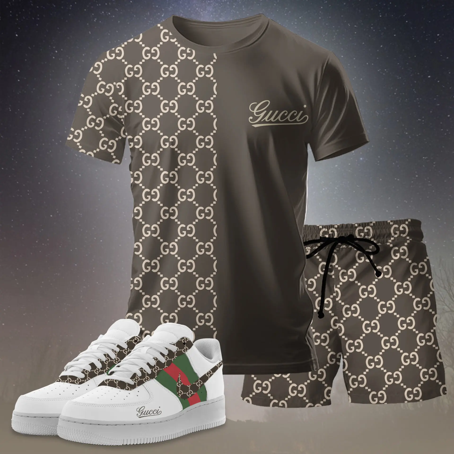 Gucci Brown Luxury Brand Premium Unisex T-Shirt Short Sneakers Set Special Collection Fashion Style For Men Women