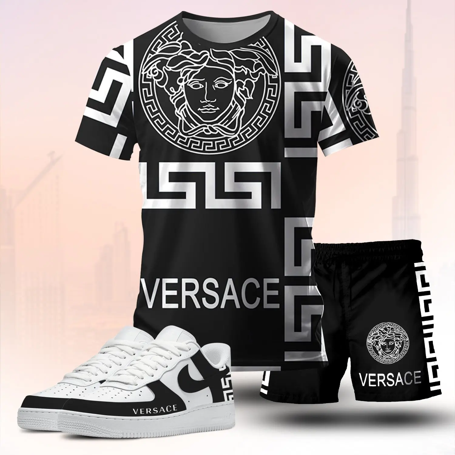 Versace Black White Luxury Brand Premium Unisex T-Shirt Short Sneakers Set Special Collection Fashion Style For Men Women
