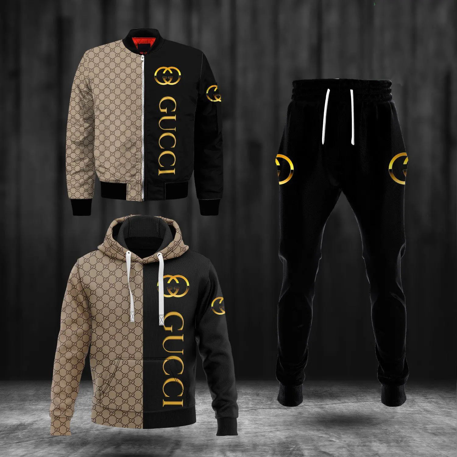 Gucci Gold Logo Black Unisex T-Shirt Hoodie Long Pants Set Luxury Brand Clothing Special Gift Outfit For Men Women