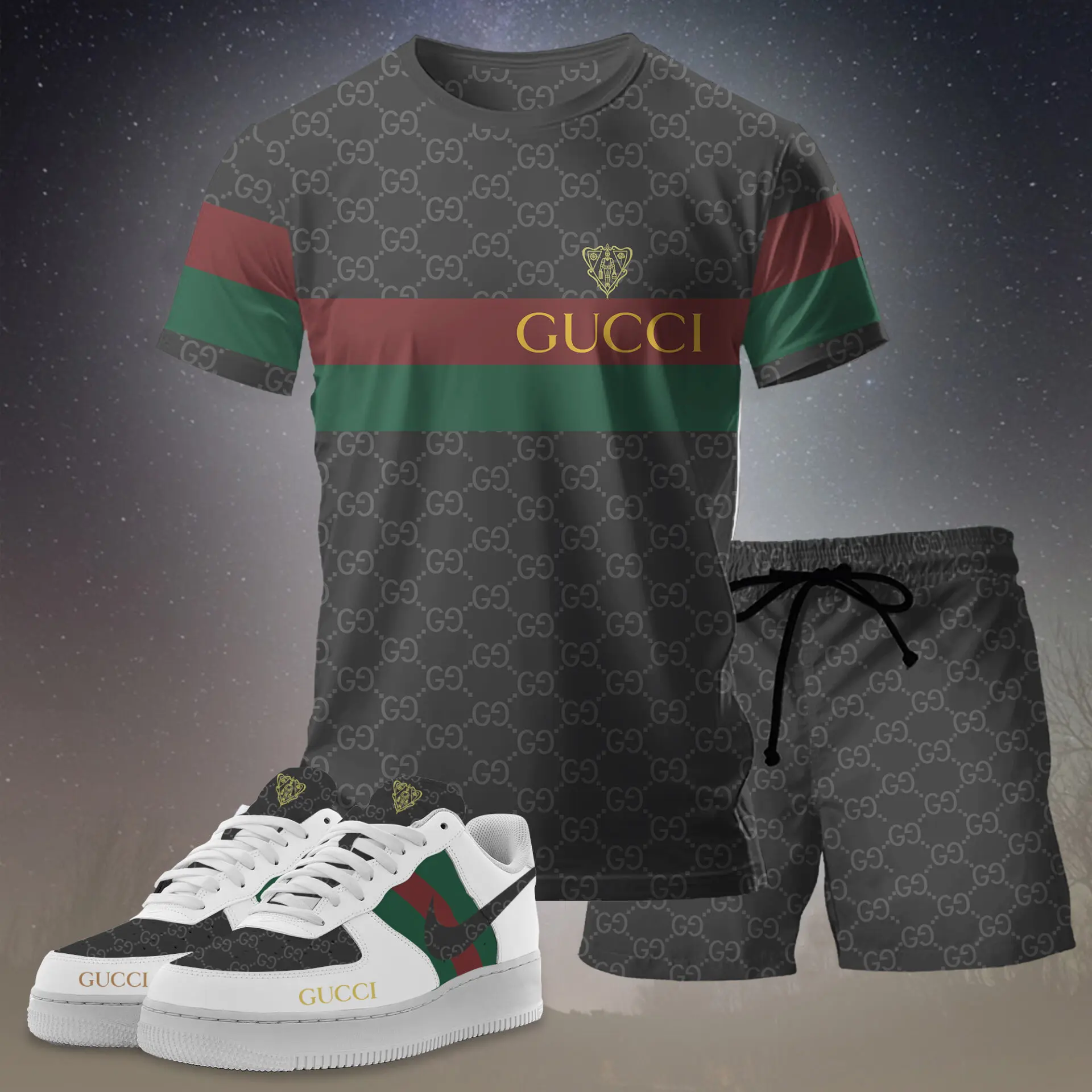 Gucci GC Logo Black Luxury Brand Premium Unisex T-Shirt Short Sneakers Set Special Collection Fashion Style For Men Women