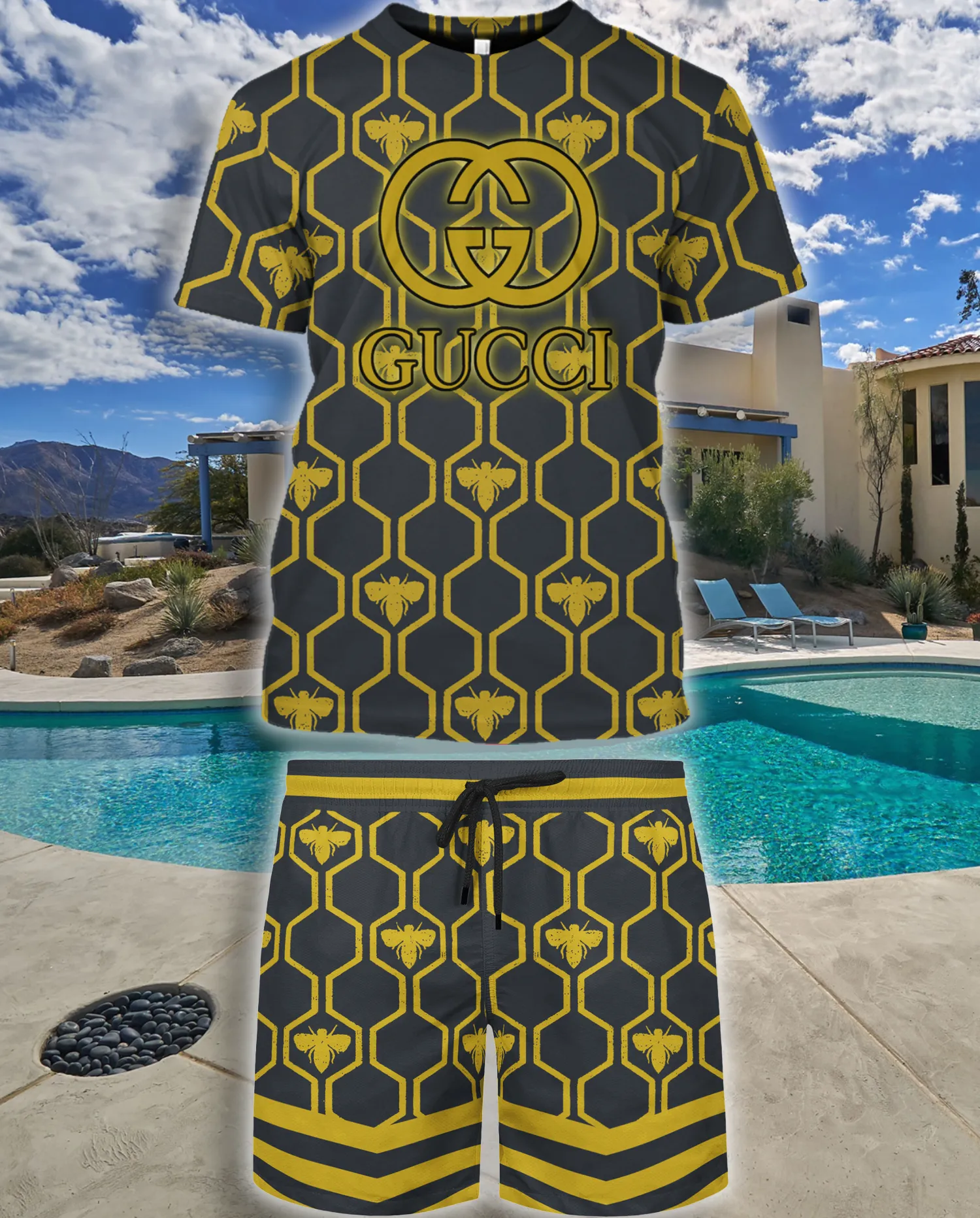 Gucci Bee Yellow Black Luxury Brand T-Shirt Short Set Premium Fashion Clothing Outfit For Men Women
