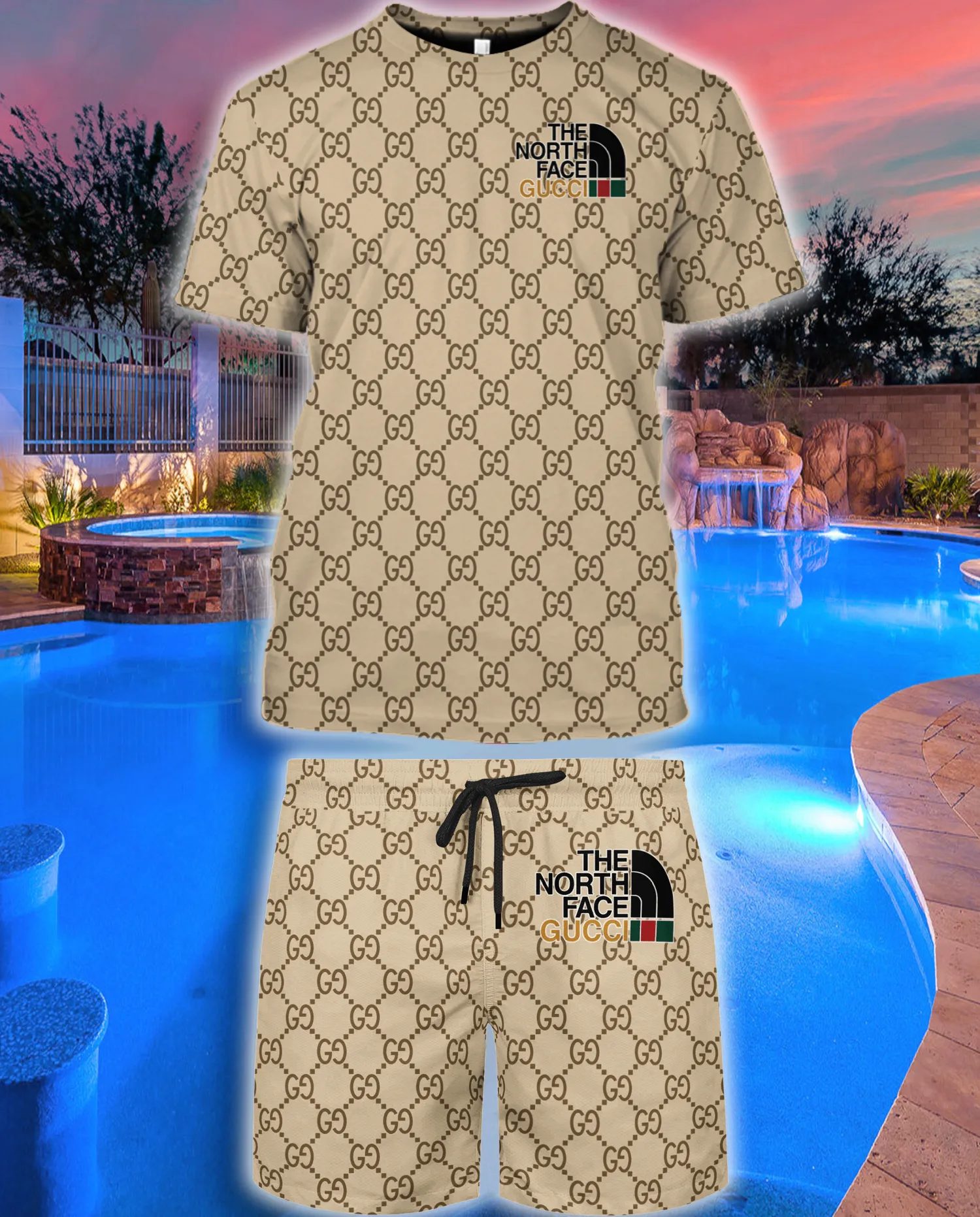Gucci The North Face Brown Luxury Brand T-Shirt Short Set Premium Fashion Clothing Outfit For Men Women