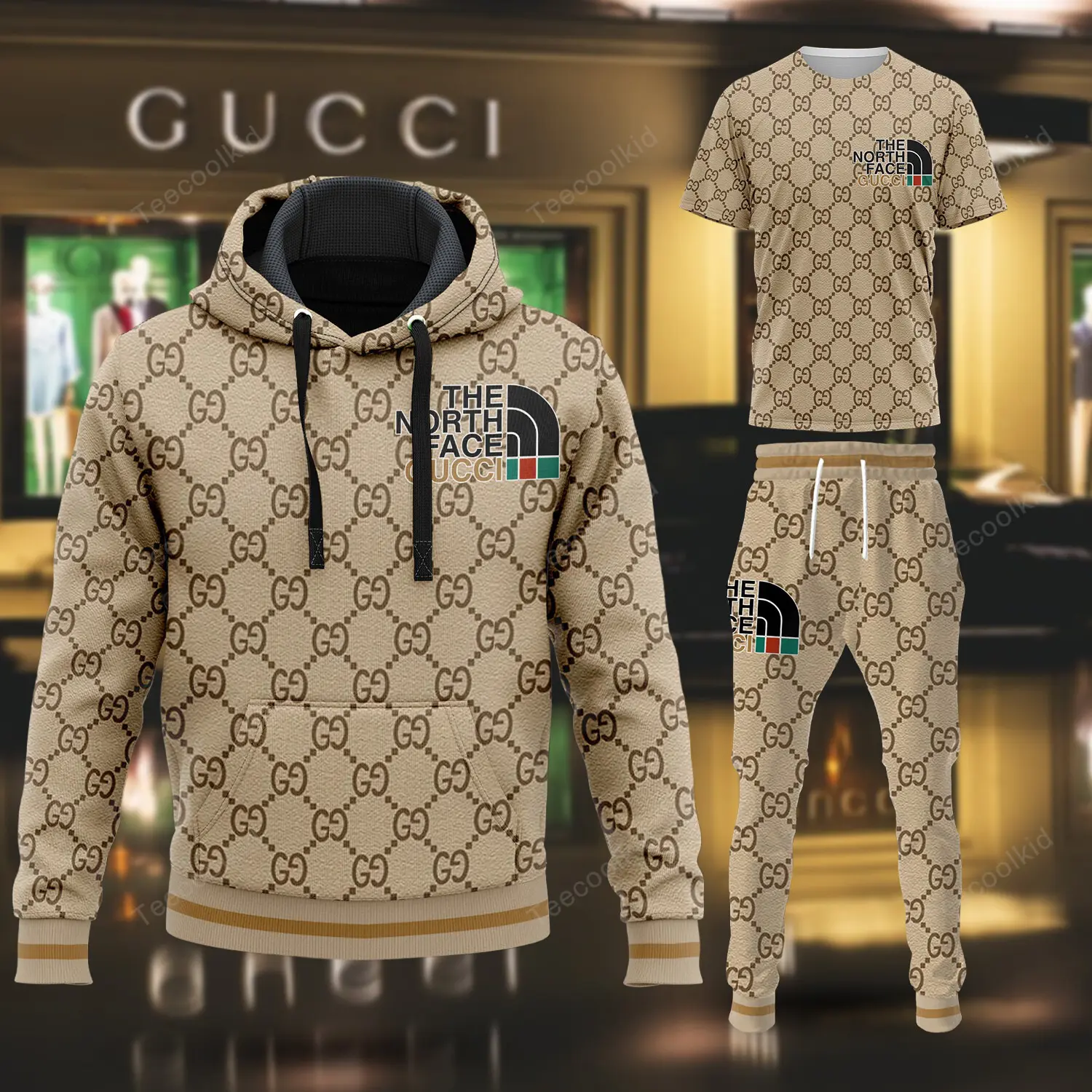 Gucci The North Face Brown Unisex T-Shirt Hoodie Long Pants Set Luxury Brand Clothing Special Gift Outfit For Men Women