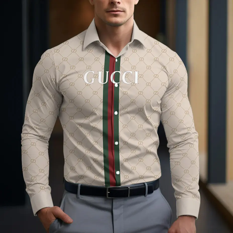 Gucci Stripe Beige Luxury Brand Premium Long Sleeve Button Shirt Collection Fashion Style For Men