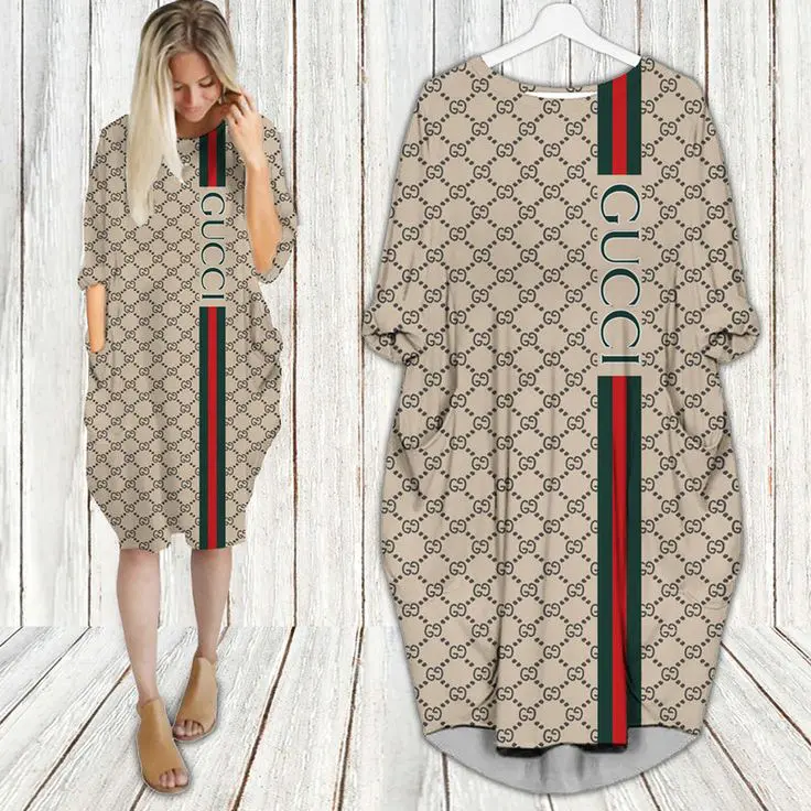 Gucci Stripe Brown Luxury Brand Premium Clothes Batwing Pocket Dress Special Outfit For Women