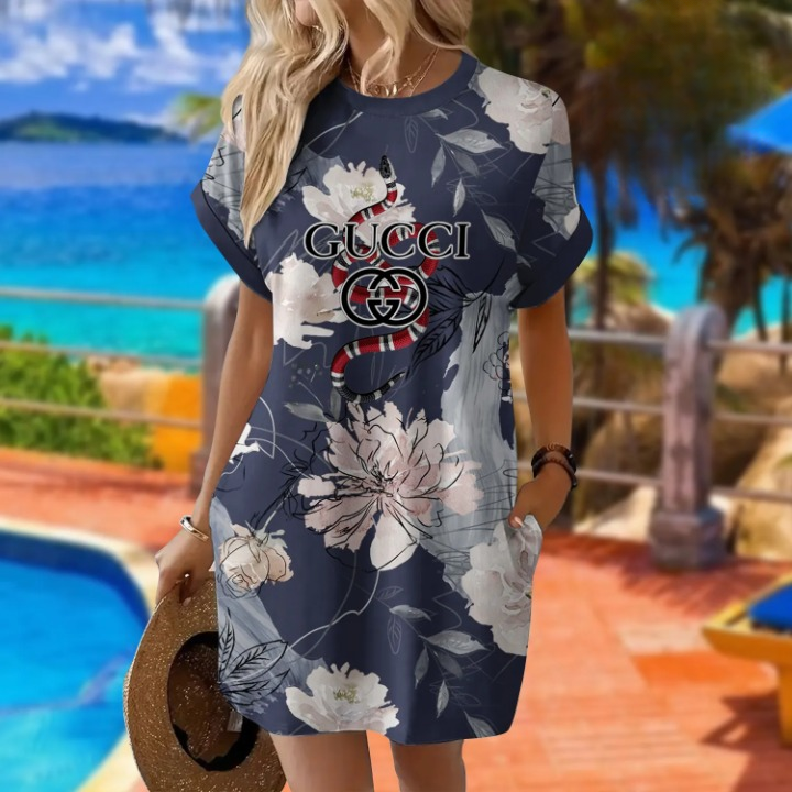 Gucci Snake Flowers Luxury Brand Premium Clothes Batwing Pocket Dress Special Outfit For Women