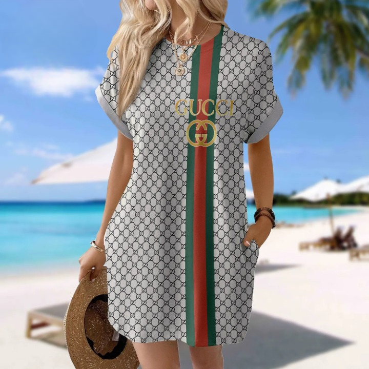 Gucci GC Grey Luxury Brand Premium Clothes Batwing Pocket Dress Special Outfit For Women
