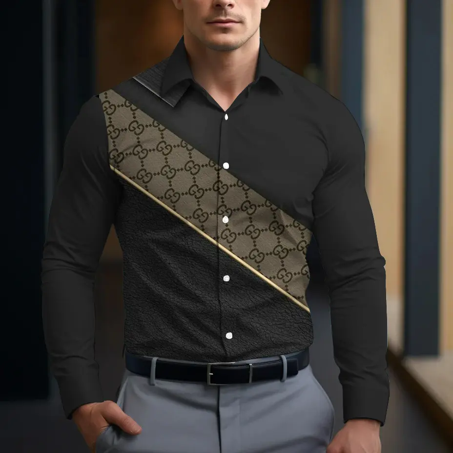 Gucci GC Black Luxury Brand Premium Long Sleeve Button Shirt Collection Fashion Style For Men