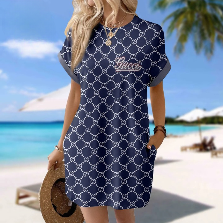 Gucci GC Blue Luxury Brand Premium Clothes Batwing Pocket Dress Special Outfit For Women