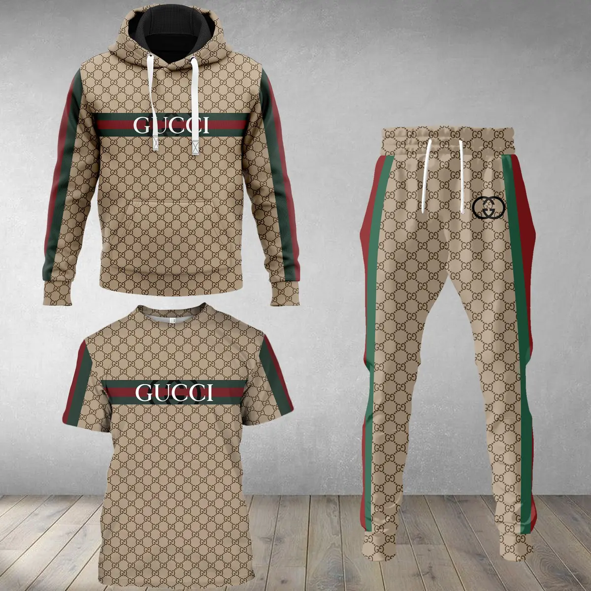 Gucci GC Brown Unisex T-Shirt Hoodie Long Pants Set Luxury Brand Clothing Special Gift Outfit For Men Women