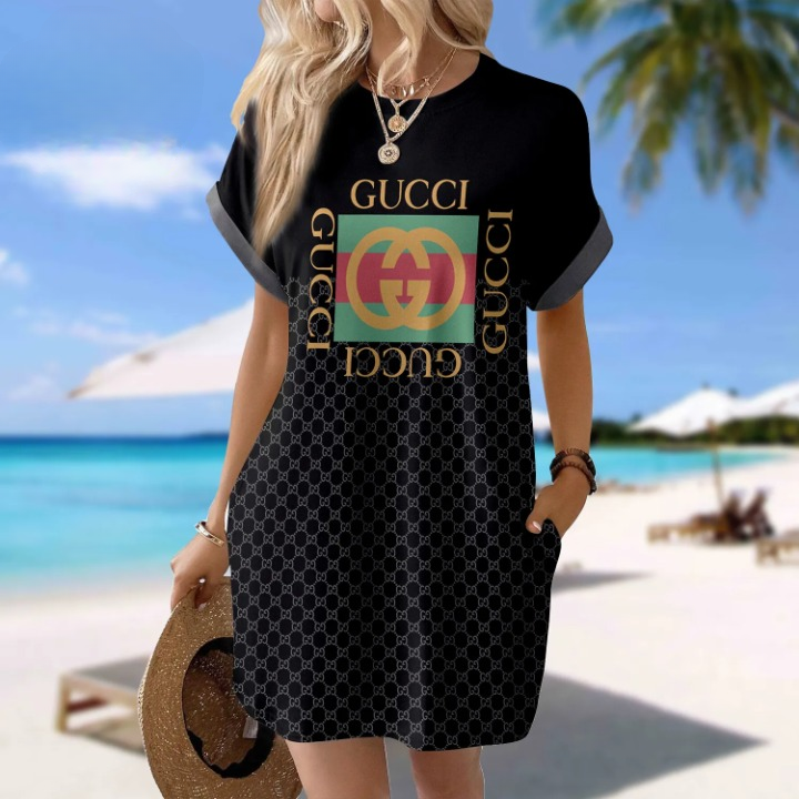 Gucci GC Black Luxury Brand Premium Clothes Batwing Pocket Dress Special Outfit For Women