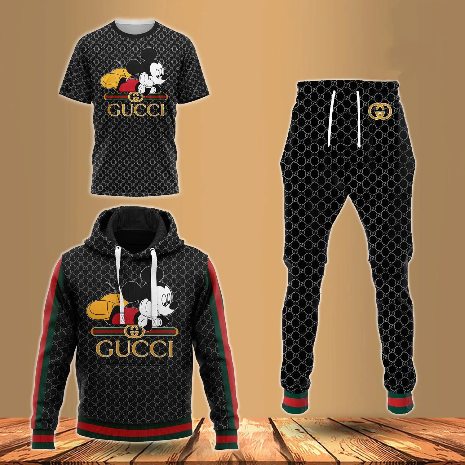 Gucci GC Mickey Mouse Black Unisex T-Shirt Hoodie Long Pants Set Luxury Brand Clothing Special Gift Outfit For Men Women