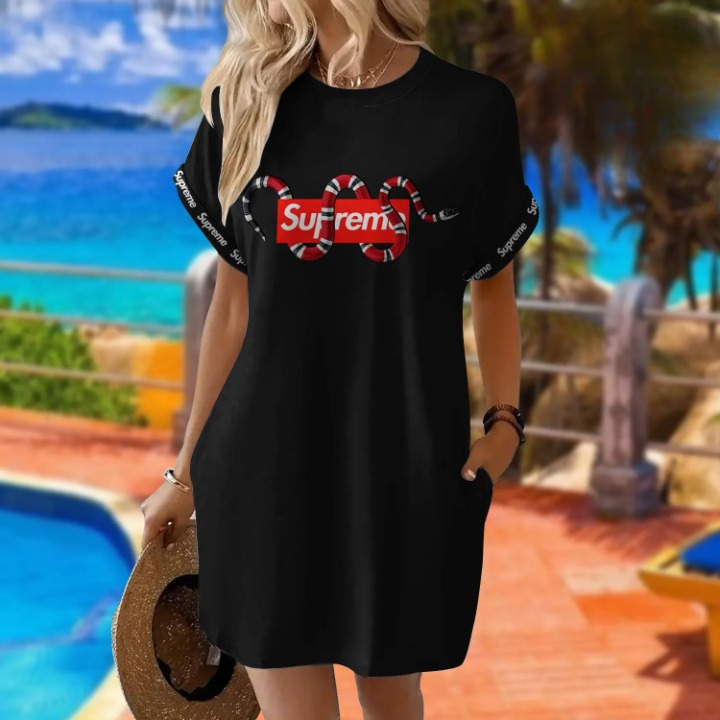 Gucci Supreme Snake Black Luxury Brand Premium Clothes Batwing Pocket Dress Special Outfit For Women