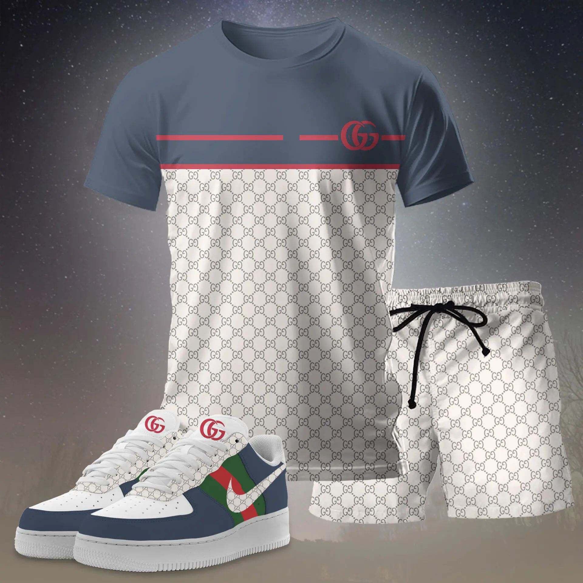 Gucci GC Grey White Luxury Brand Premium Unisex T-Shirt Short Sneakers Set Special Collection Fashion Style For Men Women