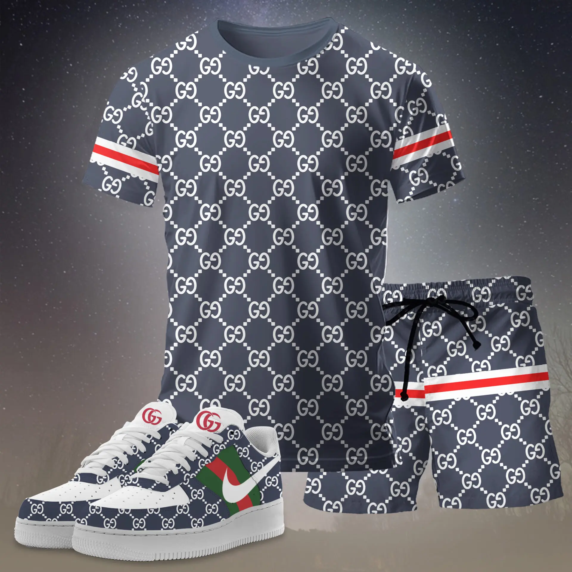 Gucci GC Logo Grey Luxury Brand Premium Unisex T-Shirt Short Sneakers Set Special Collection Fashion Style For Men Women