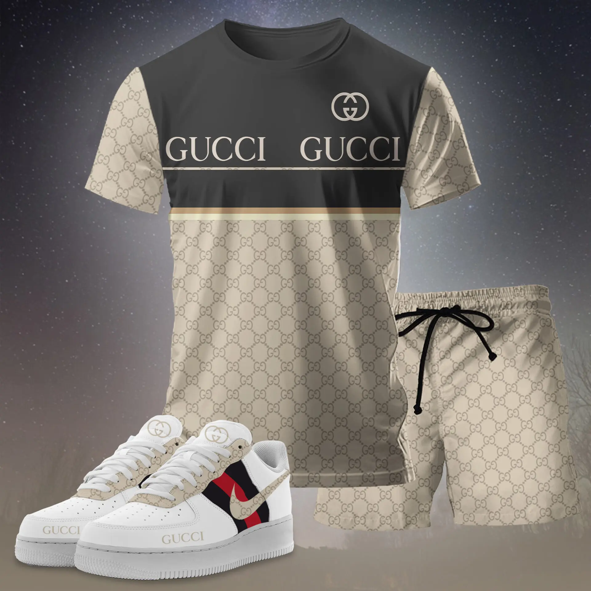 Gucci GC Logo Black Brown Luxury Brand Premium Unisex T-Shirt Short Sneakers Set Special Collection Fashion Style For Men Women