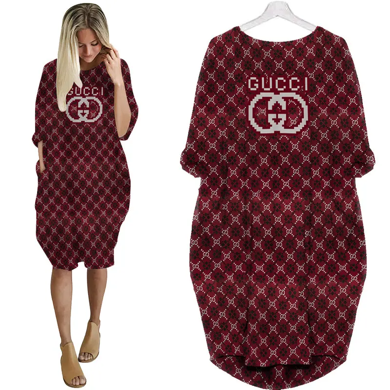 Gucci Red Luxury Brand Premium Clothes Batwing Pocket Dress Special Outfit For Women