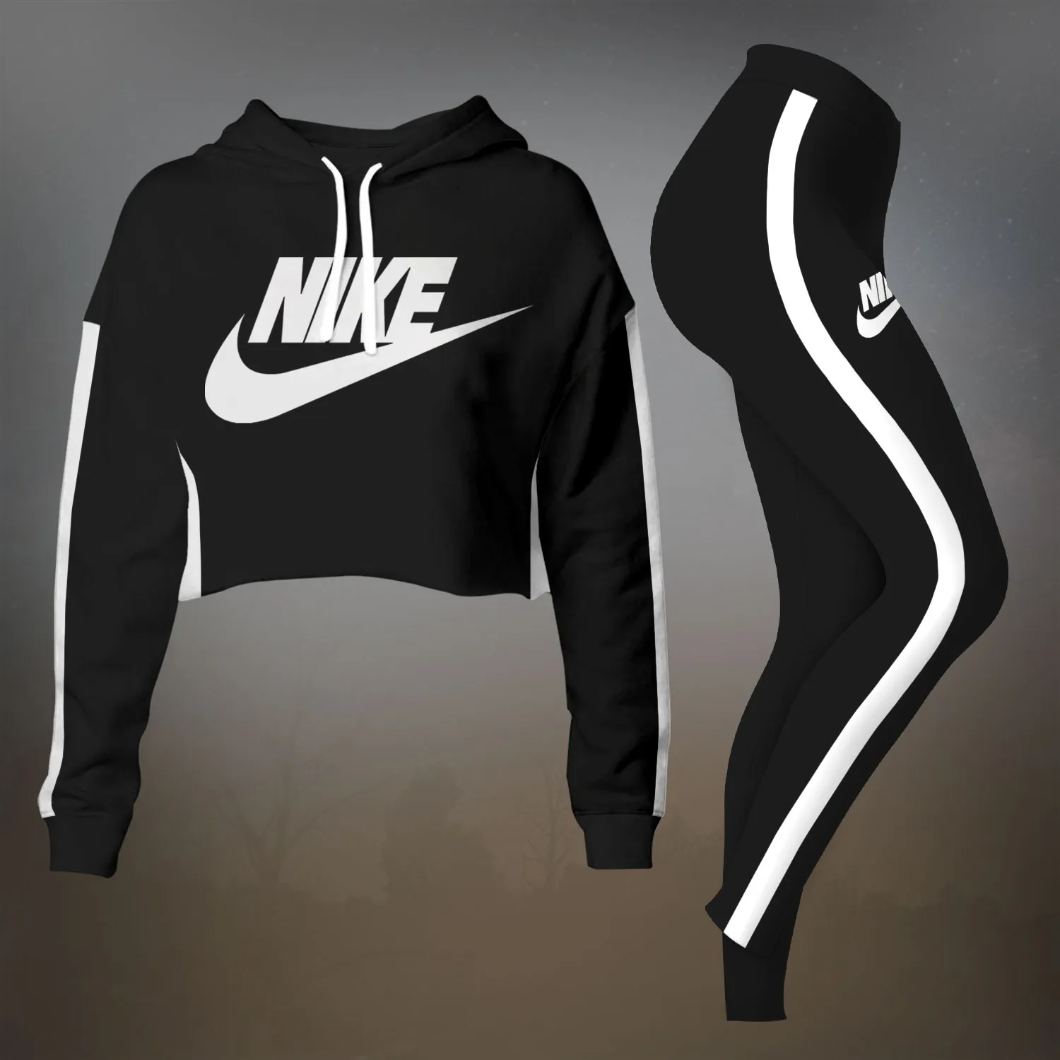 Nike White Logo Black Luxury Brand Premium Clothes Leggings and Crop Top Set Special Outfit For Women