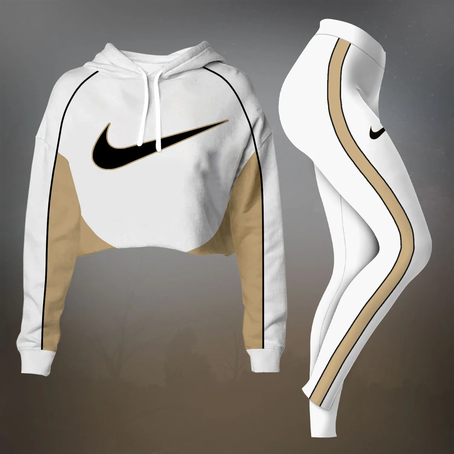 Nike White Brown Luxury Brand Premium Clothes Leggings and Crop Top Set Special Outfit For Women