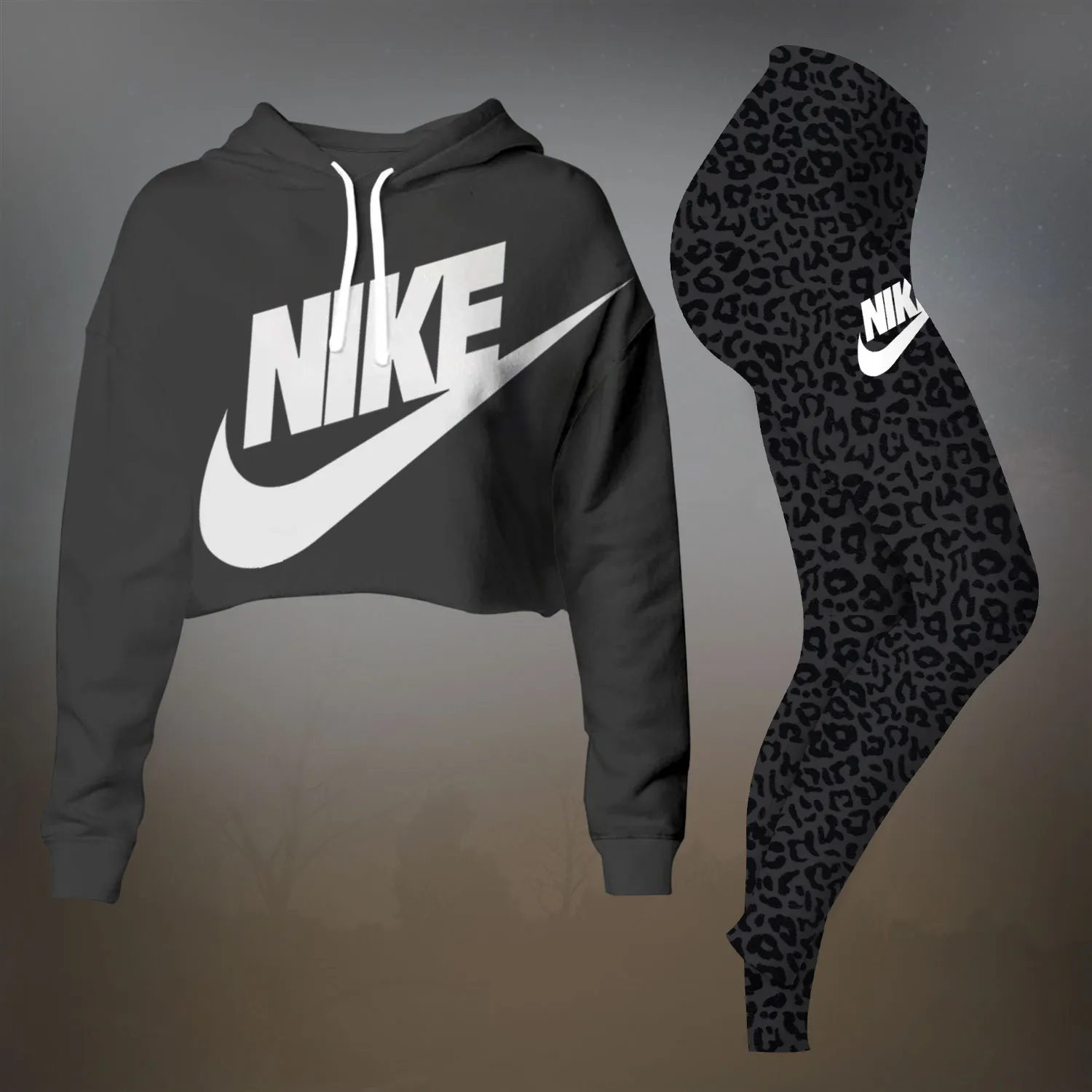Nike Black Luxury Brand Premium Clothes Leggings and Crop Top Set Special Outfit For Women