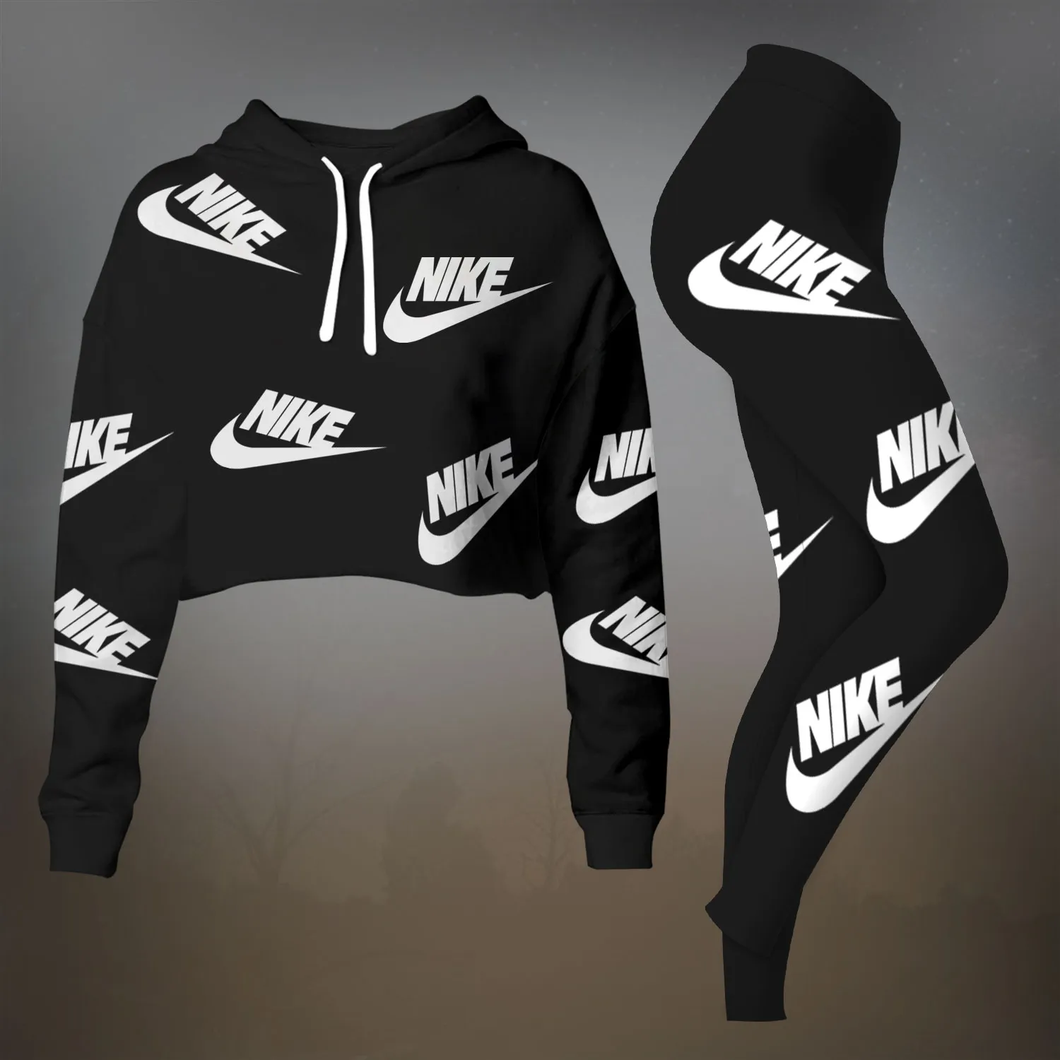 Nike Pattern Black Luxury Brand Premium Clothes Leggings and Crop Top Set Special Outfit For Women