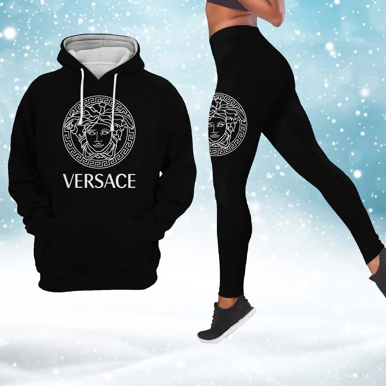 Versace Medusa Black Luxury Brand Hoodie Leggings Set Clothing Clothes Outfit For Women