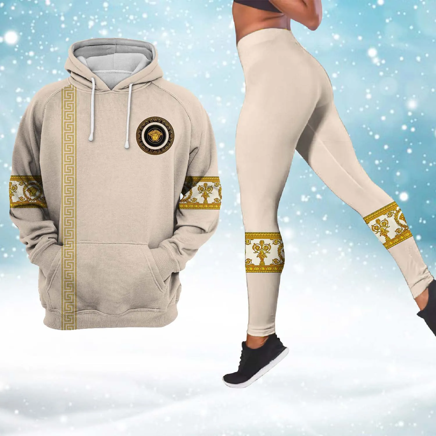 Versace Medusa Beige Luxury Brand Hoodie Leggings Set Clothing Clothes Outfit For Women