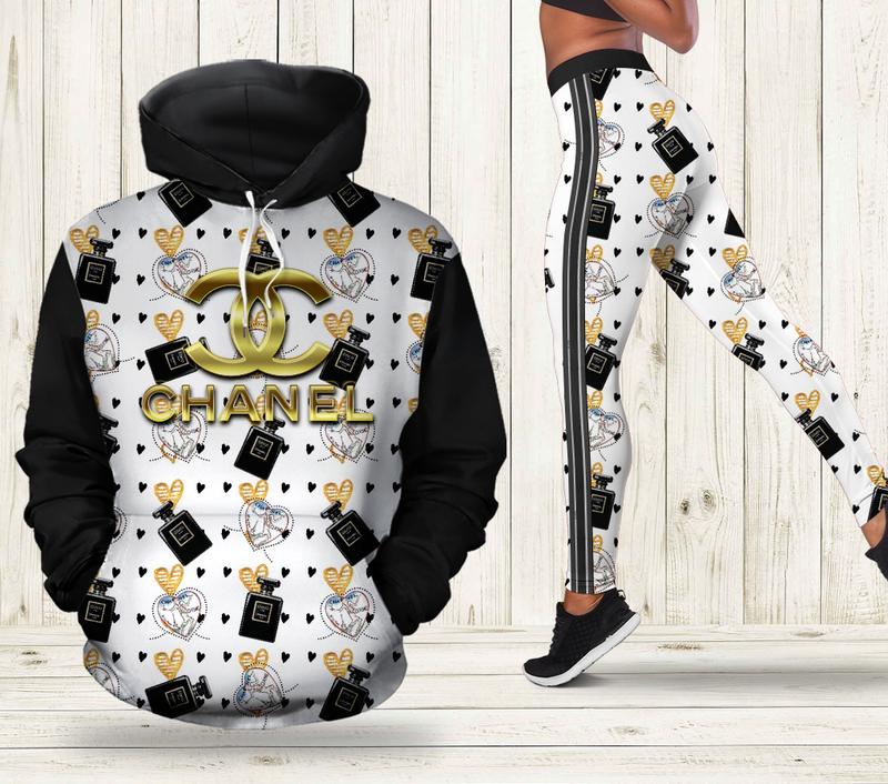 Chanel Logo Pattern Luxury Brand Hoodie Leggings Set Clothing Clothes Outfit For Women