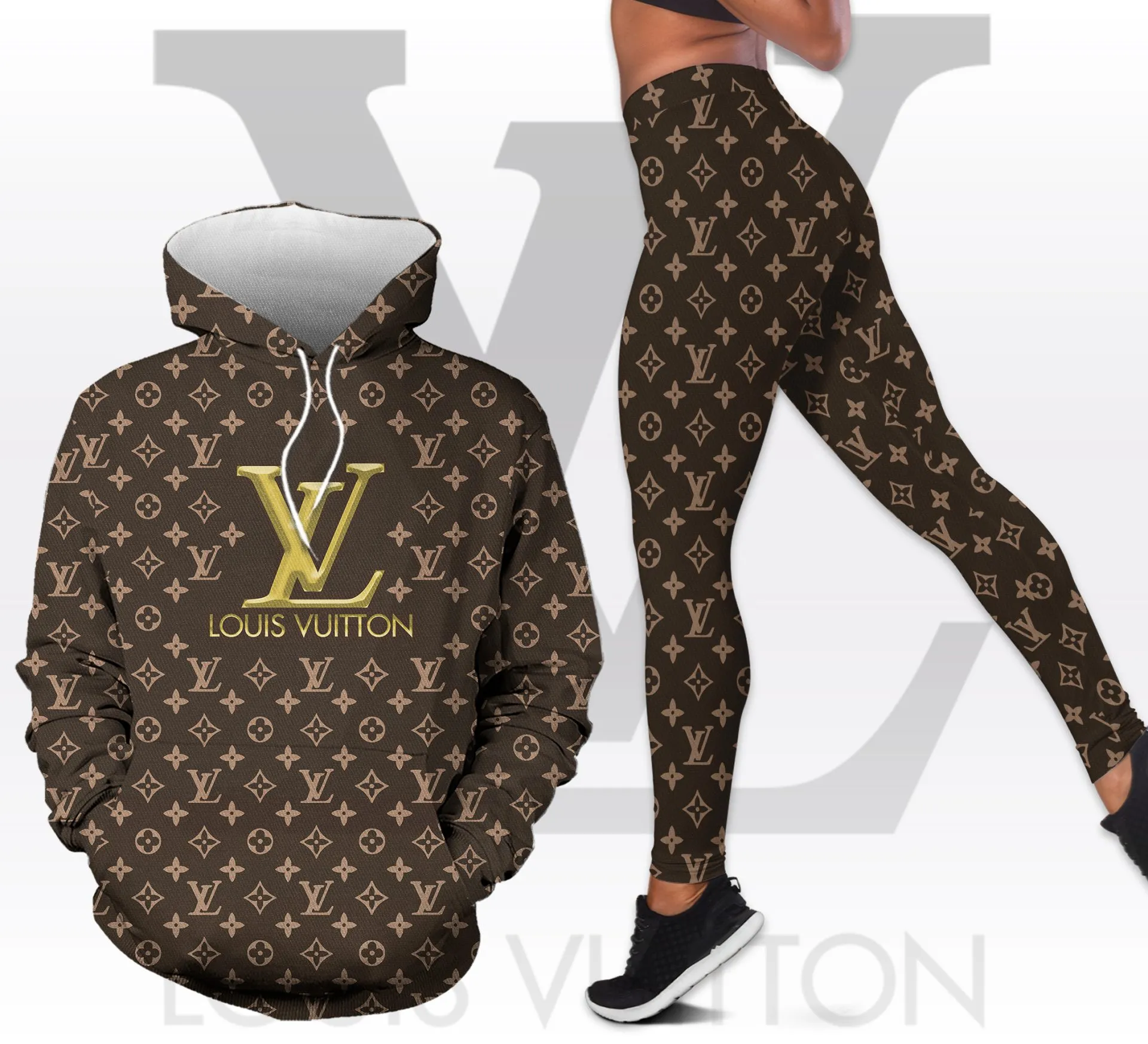 Louis Vuitton LV Logo Brown Luxury Brand Hoodie Leggings Set Clothing Clothes Outfit For Women