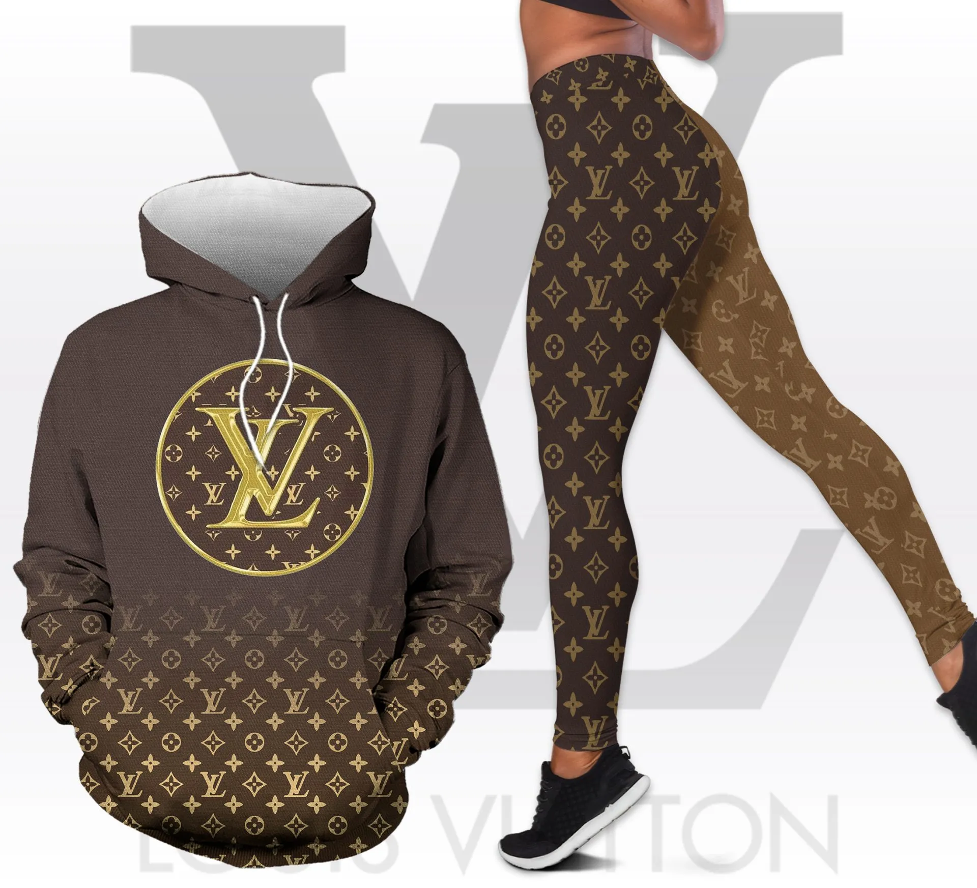Louis Vuitton LV Yellow Logo Brown Luxury Brand Hoodie Leggings Set Clothing Clothes Outfit For Women