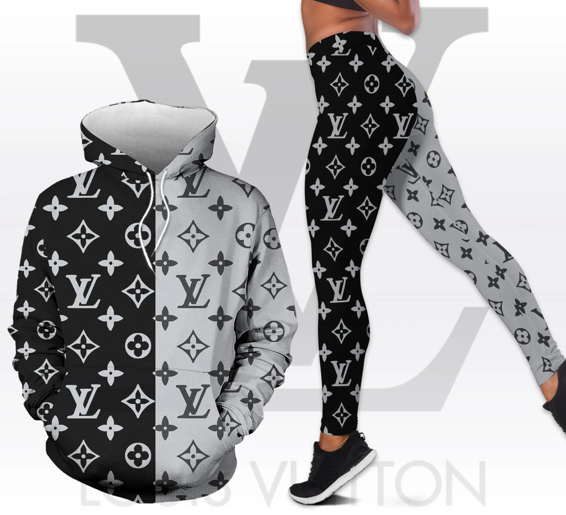 Louis Vuitton LV Black Grey Logo Luxury Brand Hoodie Leggings Set Clothing Clothes Outfit For Women