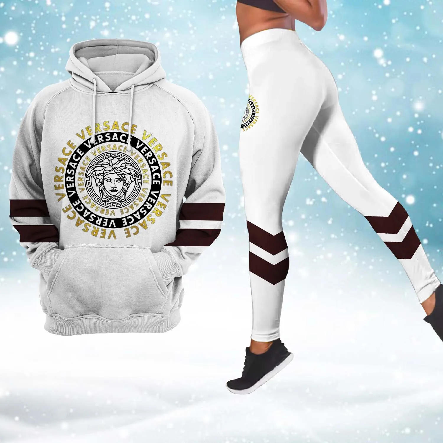Versace Medusa Pattern Grey Luxury Brand Hoodie Leggings Set Clothing Clothes Outfit For Women