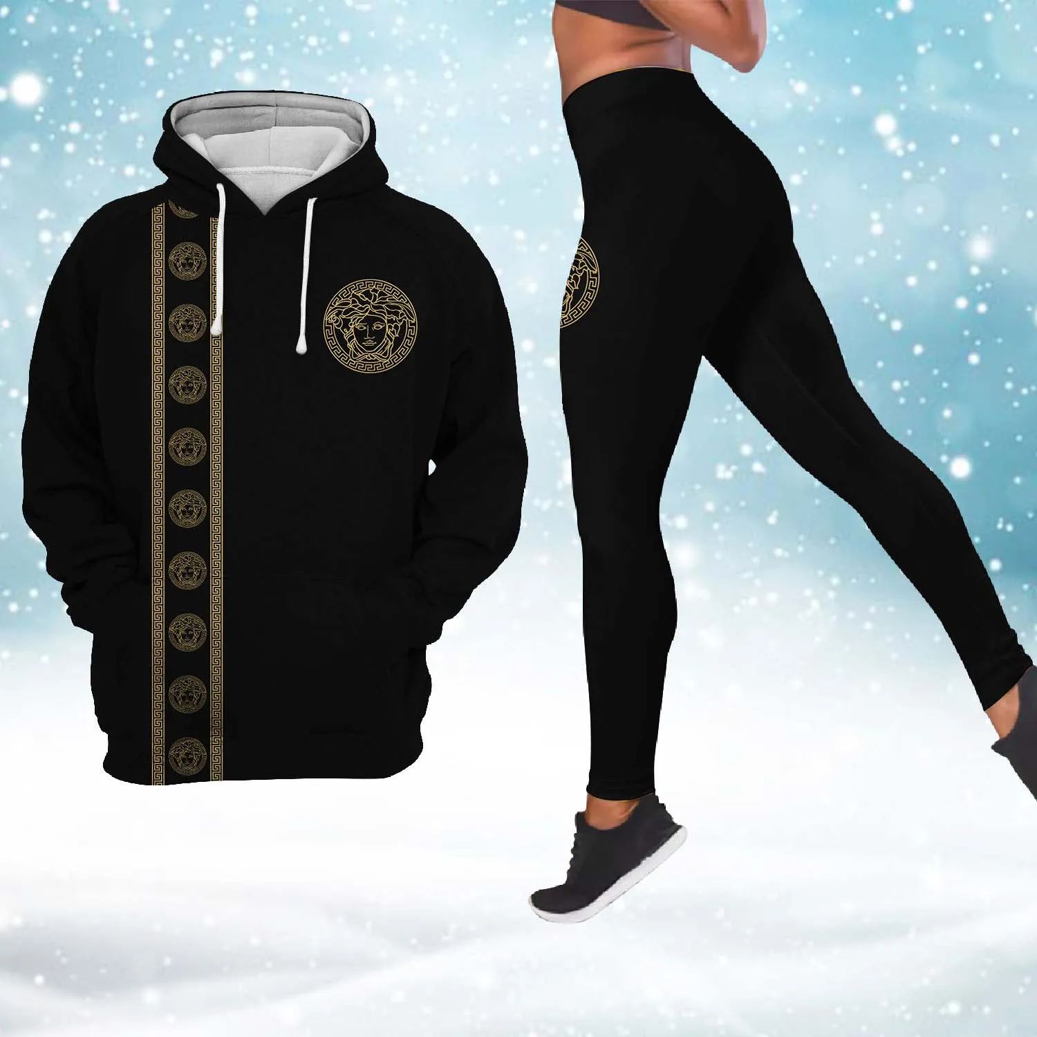 Versace Medusa Pattern Black Luxury Brand Hoodie Leggings Set Clothing Clothes Outfit For Women