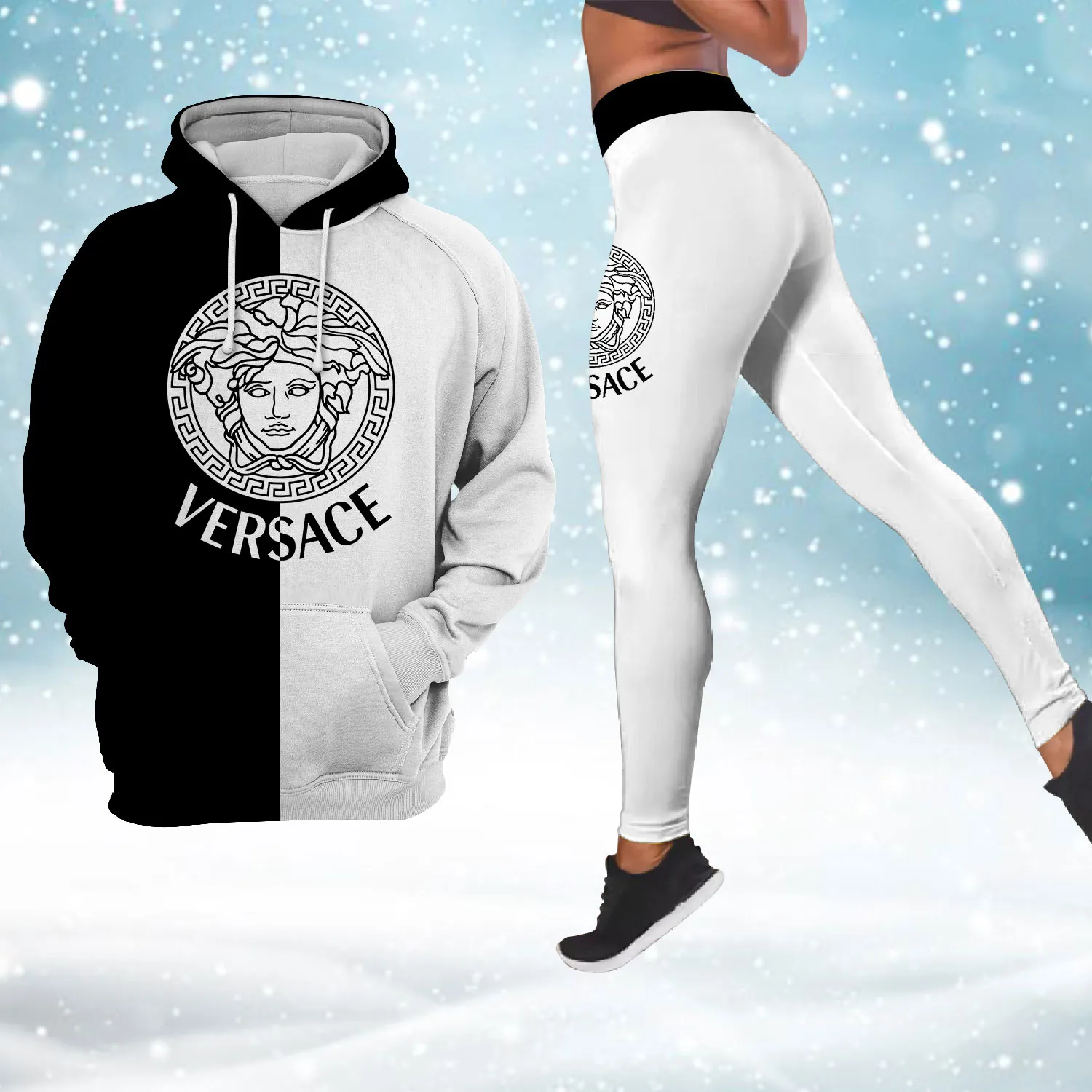 Versace Medusa Pattern Black White Luxury Brand Hoodie Leggings Set Clothing Clothes Outfit For Women