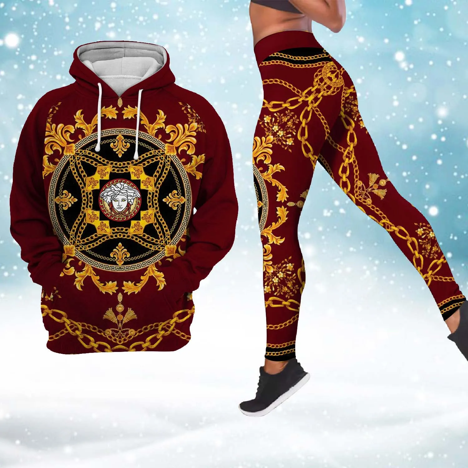 Versace Logo Medusa Pattern Red Luxury Brand Hoodie Leggings Set Clothing Clothes Outfit For Women