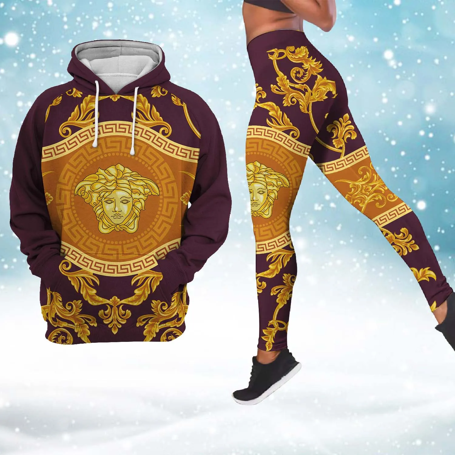 Versace Logo Medusa Gold Pattern Red Luxury Brand Hoodie Leggings Set Clothing Clothes Outfit For Women
