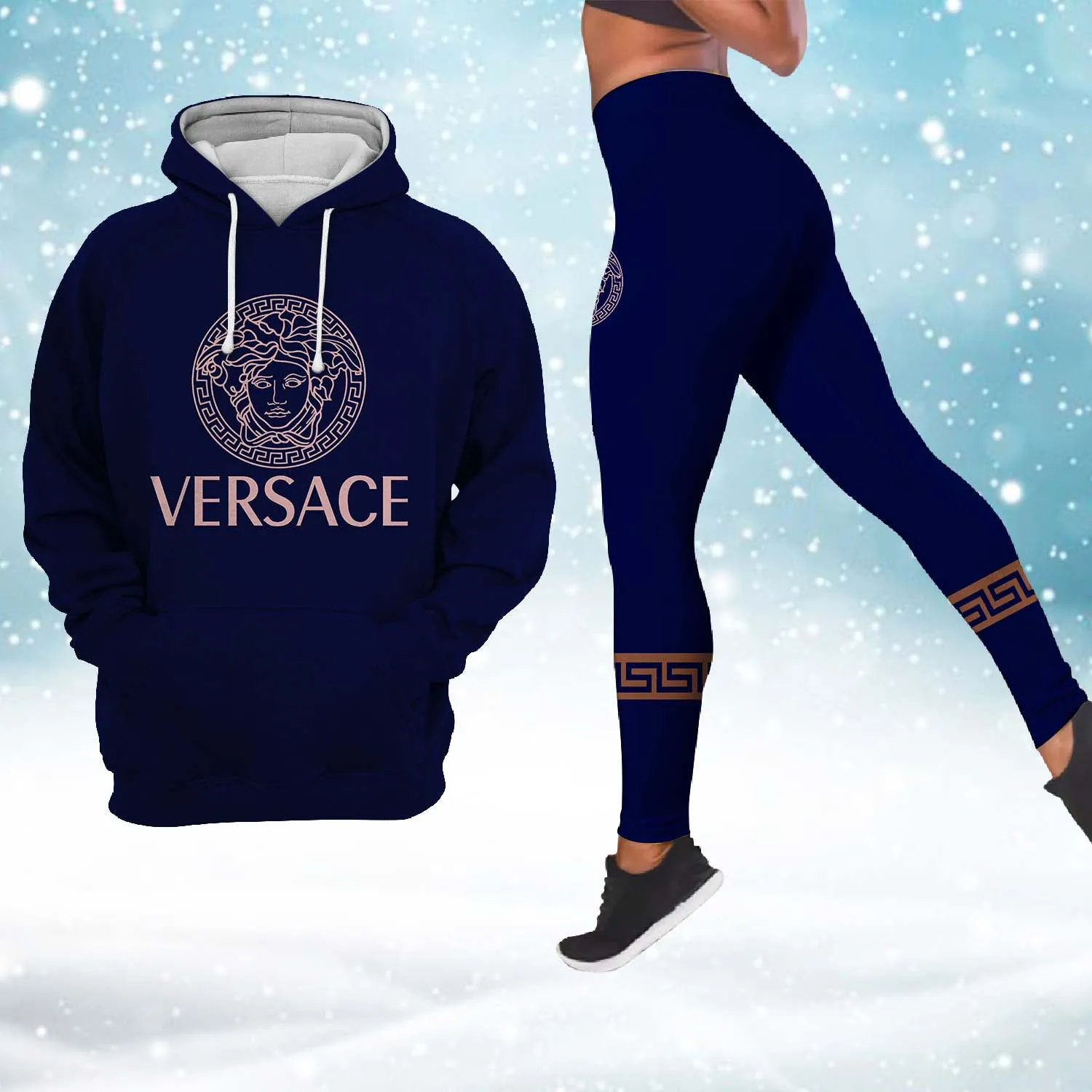 Versace Logo Medusa Pattern Blue Luxury Brand Hoodie Leggings Set Clothing Clothes Outfit For Women