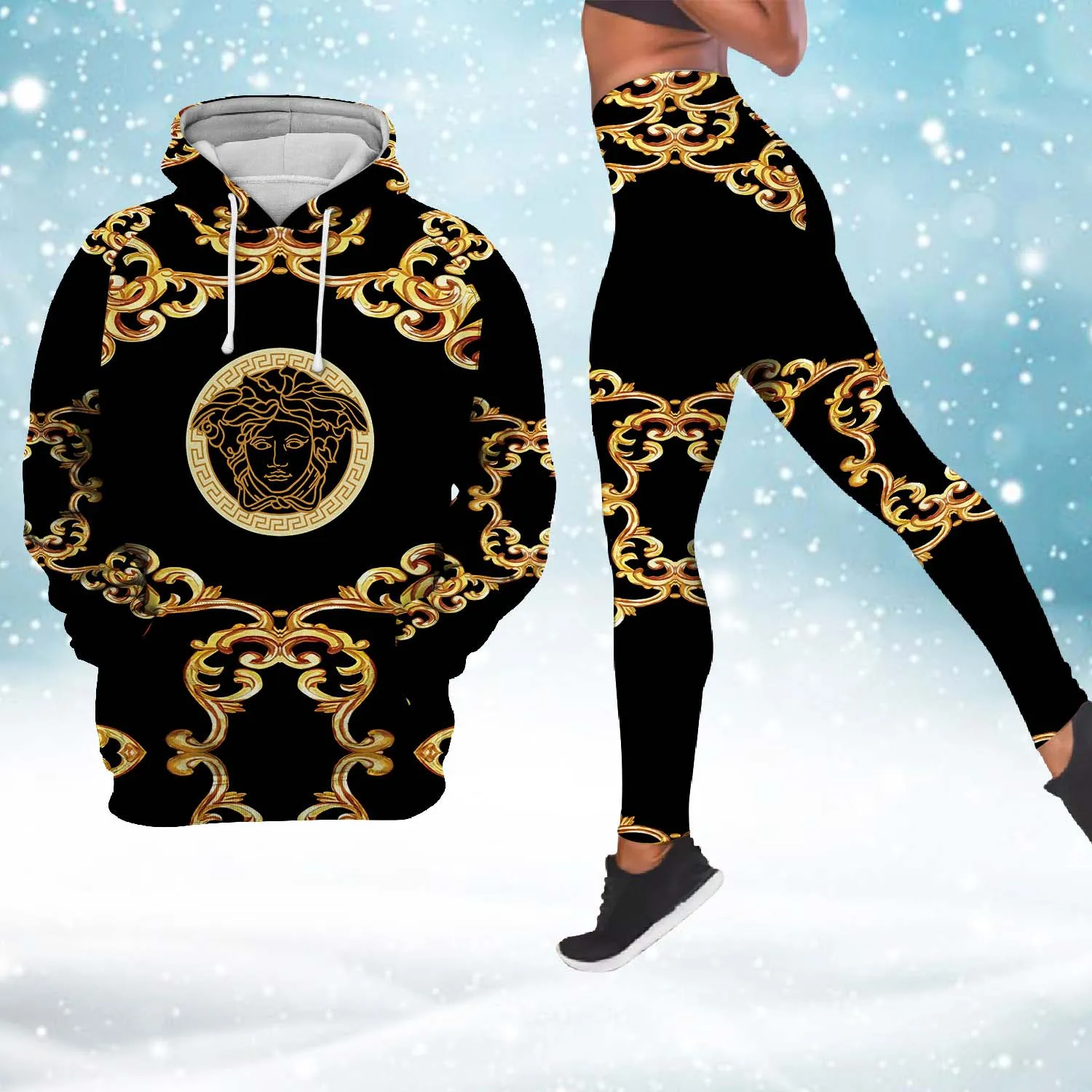 Versace Logo Medusa Gold Pattern Black Luxury Brand Hoodie Leggings Set Clothing Clothes Outfit For Women