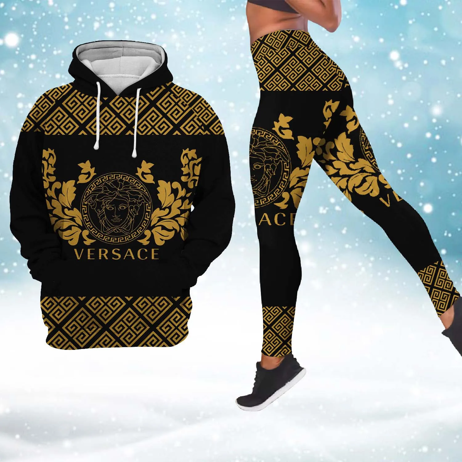 Versace Logo Medusa Yellow Pattern Black Luxury Brand Hoodie Leggings Set Clothing Clothes Outfit For Women
