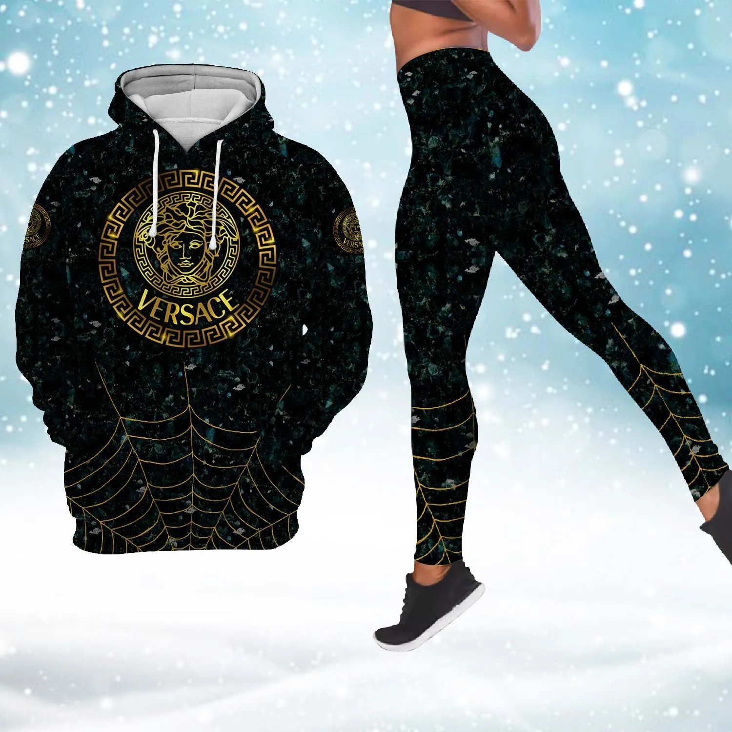 Versace Logo Medusa Spider Pattern Black Luxury Brand Hoodie Leggings Set Clothing Clothes Outfit For Women