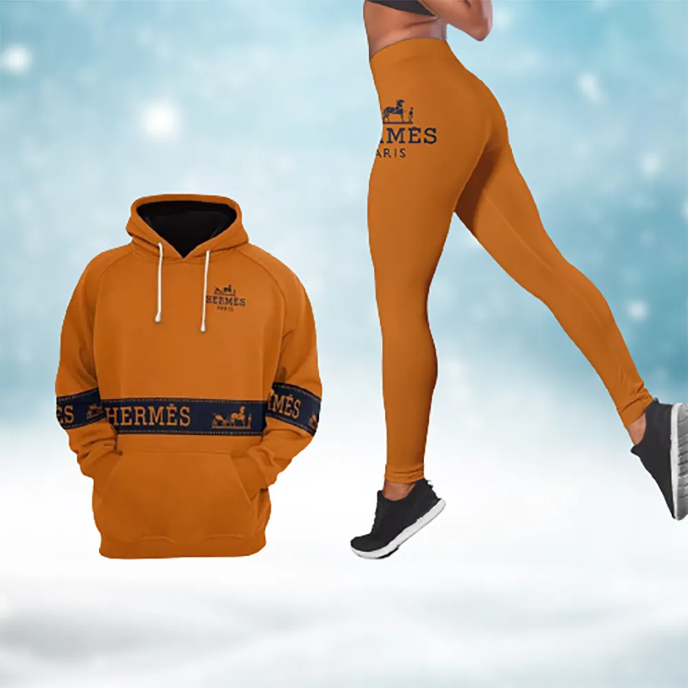 Hermes Logo Orange Luxury Brand Hoodie Leggings Set Clothing Clothes Outfit For Women