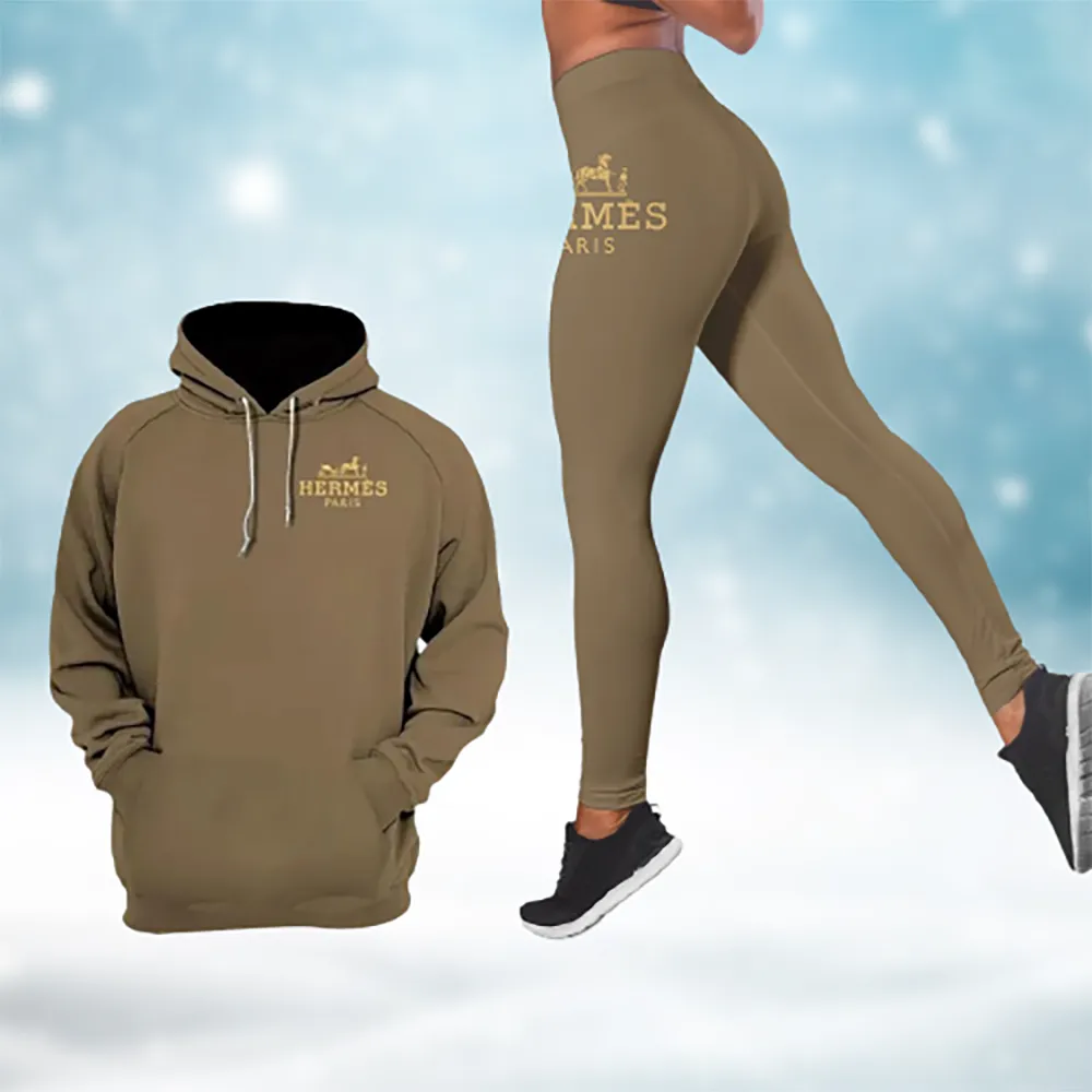 Hermes Logo Brown Luxury Brand Hoodie Leggings Set Clothing Clothes Outfit For Women